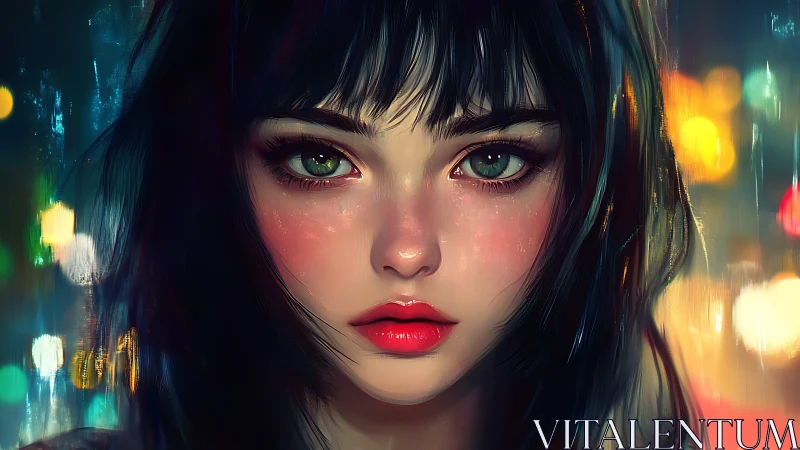 Neon-lit portrait captures a reflective gaze in the rain.