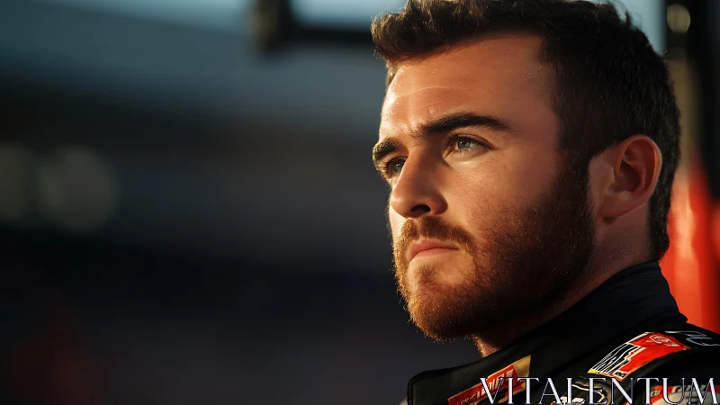 Sunlit racing driver portrait uses shallow depth of field