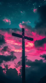 Luminous cross glowing softly beneath a dreamy pink sky.