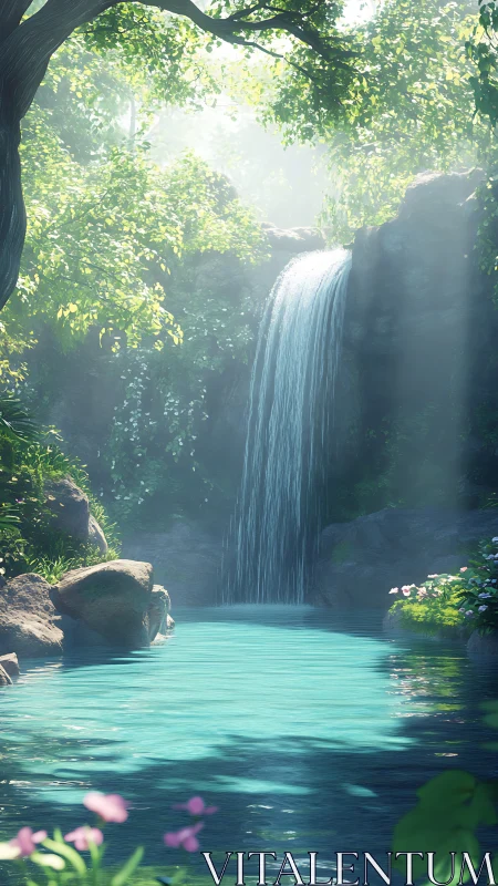 Shallow turquoise pool beneath narrow forest waterfall.