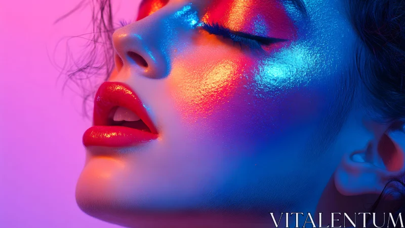 Close-up portrait of woman with neon makeup and dramatic lighting.