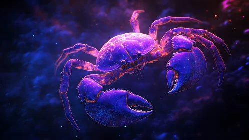 Bioluminescent purple crab floats through cosmic water