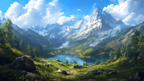 Mountain lake landscape sits beneath bright blue summer sky