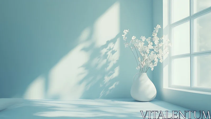 Diffuse daylight caustics on matte vase and floral silhouette.