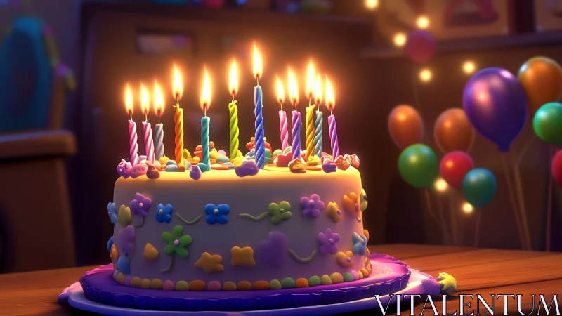 Birthday cake with lit candles, balloons in ambient interior setting