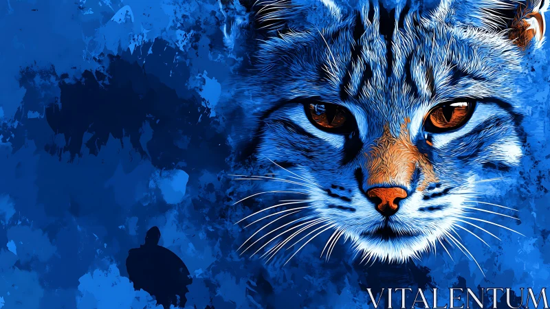 Blue Digital Feline Portrait with Amber Eyes and Textured Background