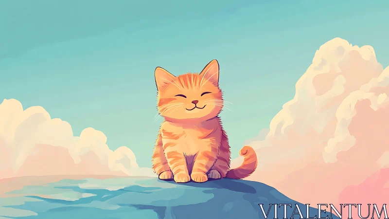 Ginger Cat Seated Upon Clouds in Serene Atmospheric Landscape