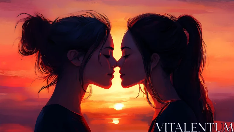 Two women share an intimate sunset moment in warm light