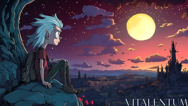 Lonely traveler watches full moon above distant fantasy city