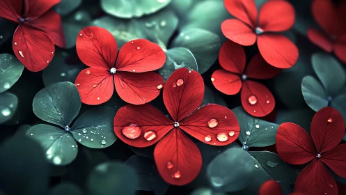 Crimson Petals Weep Dewdrops Over Jade Geometry.