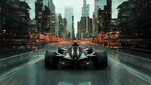 Futuristic carbon racer slicing through neon data cityscape.