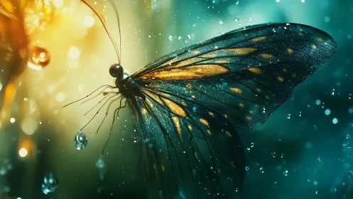 Shimmering butterfly pauses in glowing, dreamlike raindrops