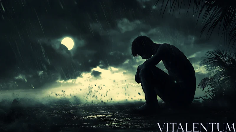 Solitary figure contemplates heartbreak beneath a stormy moonlit sky