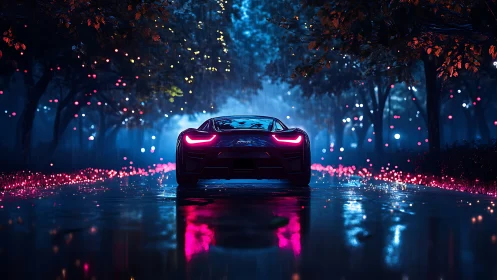 Neon hypercar on rain soaked avenue with bioluminescent glow