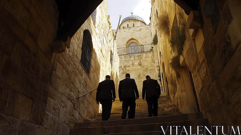 Three suited figures ascend stone steps toward sunlit dome