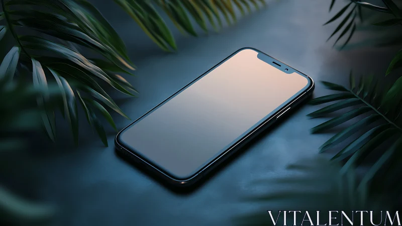 Modern Smartphone on Blue Surface with Palm Leaves