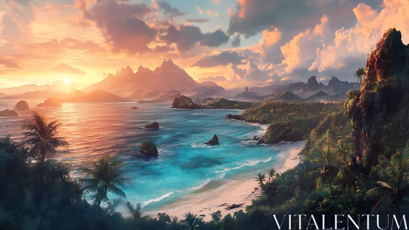 Tropical Paradise Sunset Over Volcanic Island Lagoon