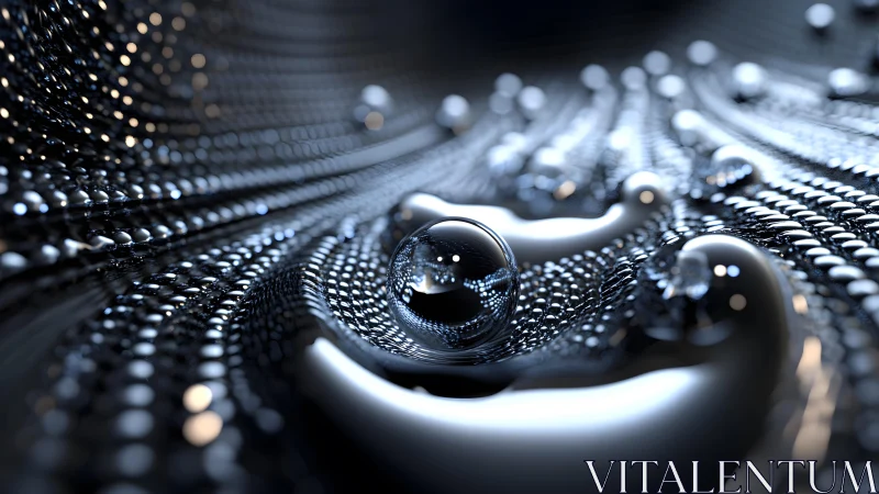 Futuristic Metallic Droplets on Reflective Surface, Abstract Art.