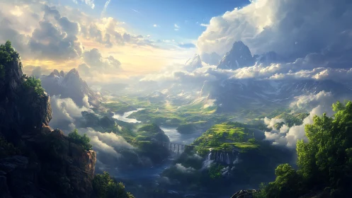 Skybridged valley kingdom beneath towering dream-peaks.