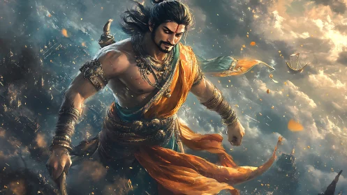 Mythic sky warrior strides through stormlit clouds of fire.