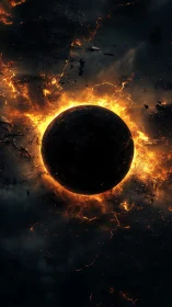 Dark planet encircled by fiery cosmic explosion glow.