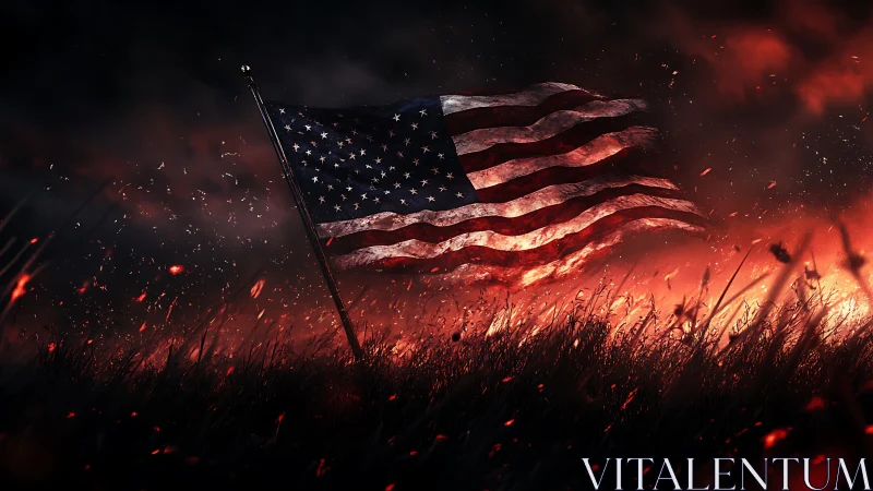 American flag positioned in foreground wildfire field.