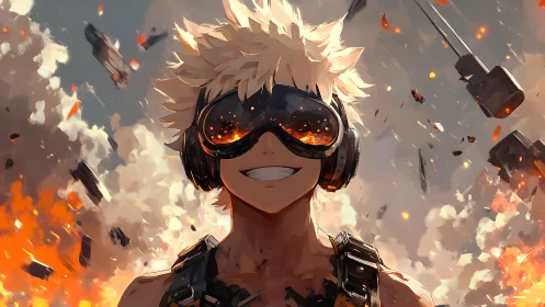 Explosive tactician in blast goggles amid kinetic detonation.