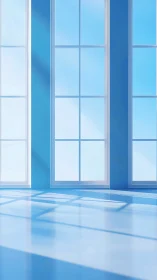 Bright blue interior with tall sunlit window panels.