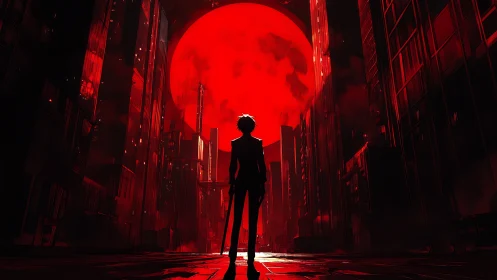 Crimson moonrise over a lone wanderer in neon towers.
