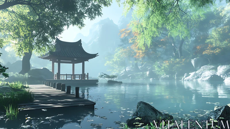 Serene 3D-rendered lakeside pavilion framed by misty forest