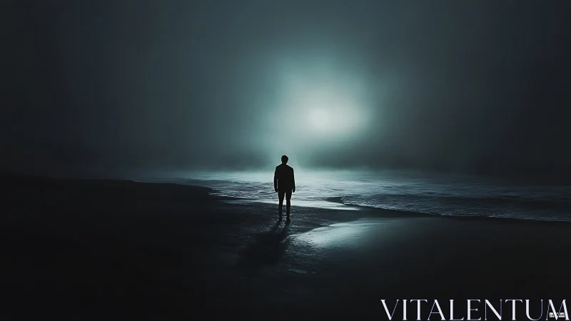 Solitary silhouette walking into a moonlit ocean hush.