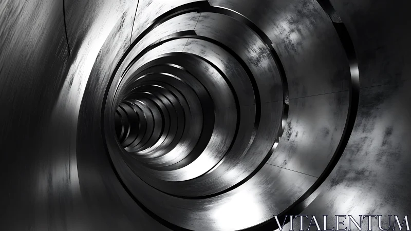 Futuristic spiral metallic tunnel with industrial abstract design.