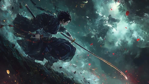 Storm-swept ronin carves firelit arcs through the chaos.