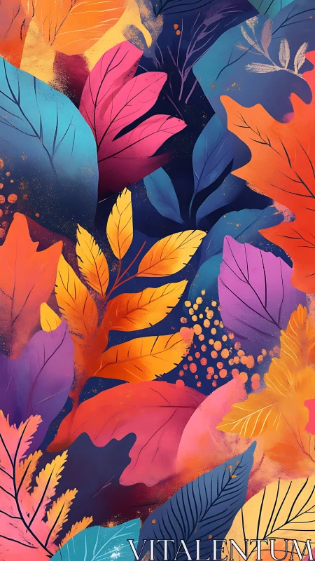 Multicolored stylized foliage arrangement on dark background.