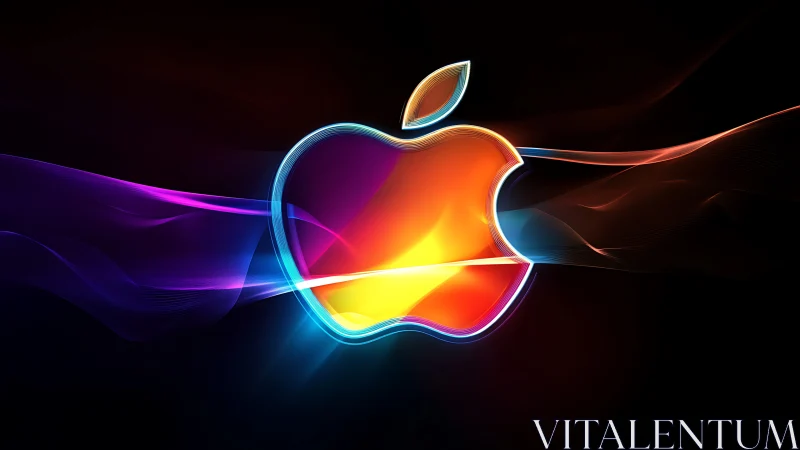 Luminous apple emblem with neon light trails on black.