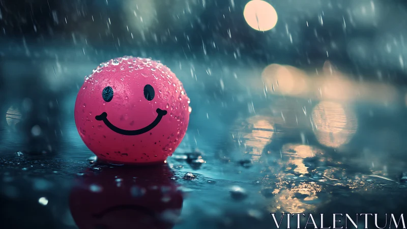 Smiling neon raindrop soul basking in a stormy blue puddle.