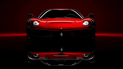 Red sports car front view on dark reflective background.