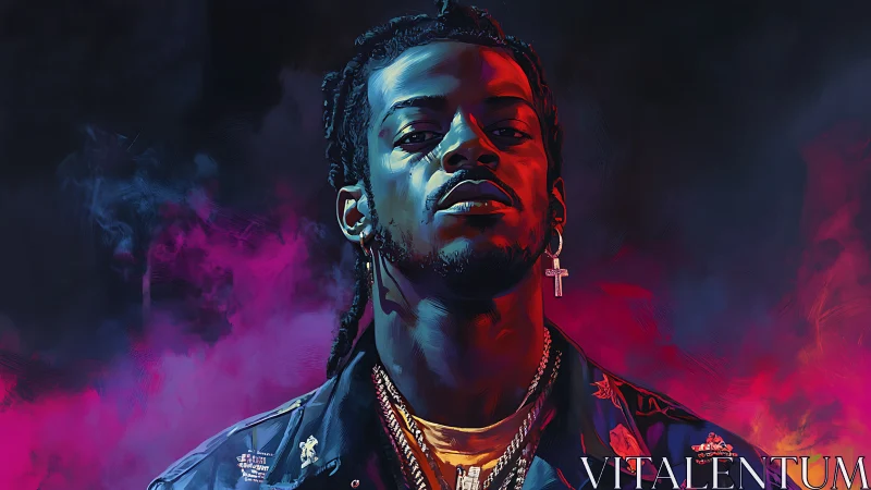 Confident hip hop portrait framed by neon smoke gradients