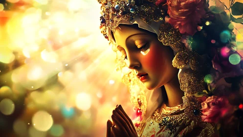 Baroque-inspired praying Madonna rendered in luminous digital light