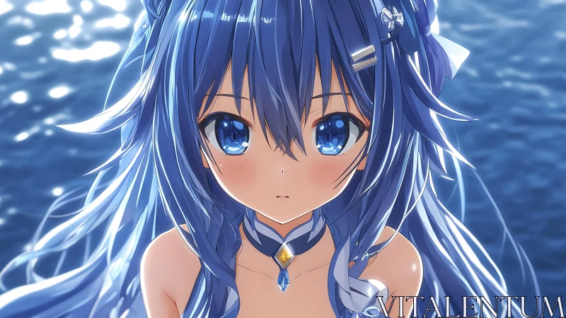 Blue haired anime girl gazes over shimmering ocean water