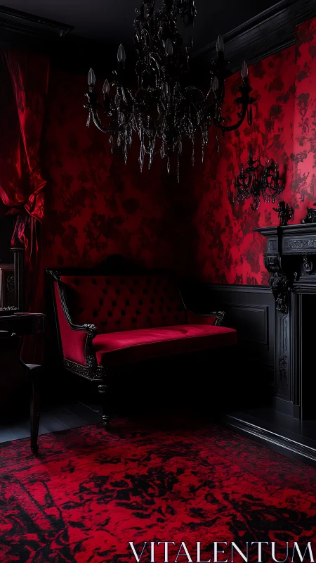 Gothic red parlor with black chandelier and velvet sofa.