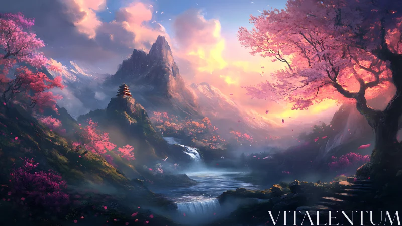 Sunlit cherry blossom valley surrounds mountain shrine river