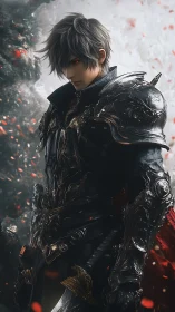 Brooding dark knight pausing amid drifting sparks of battle.