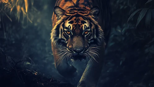 Midnight jungle monarch prowls through liquid shadowlight