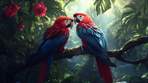 Two Scarlet Macaws on Jungle Branch, Vibrant Digital Art.