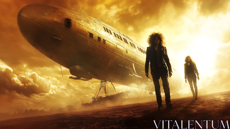 Two figures walk before grounded airship under dense clouds