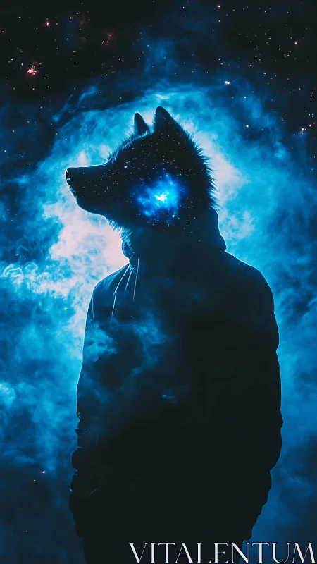 Cosmic wolf silhouette stands within radiant blue nebula glow.