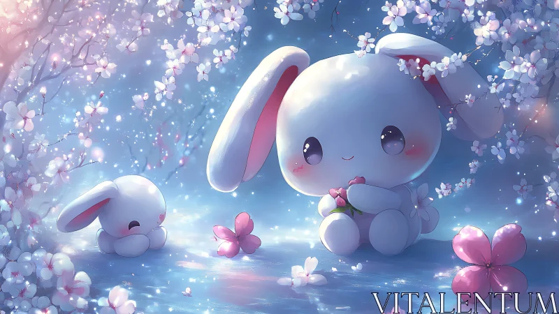 Luminous chibi bunnies in sakura-lit nocturnal glade.