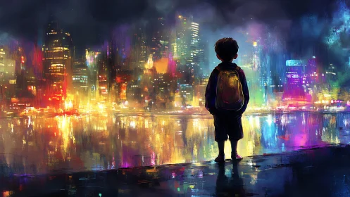 Solitary child observes neon city lights across the water