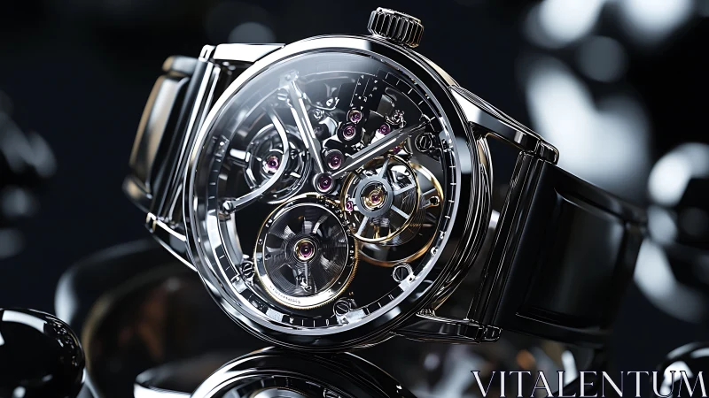 Skeleton tourbillon wristwatch rendered with hyperreal metal detail